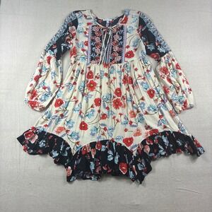 Patrons of Peace XS Boho Floral Print Tiered Ruffle Sleeve Dress